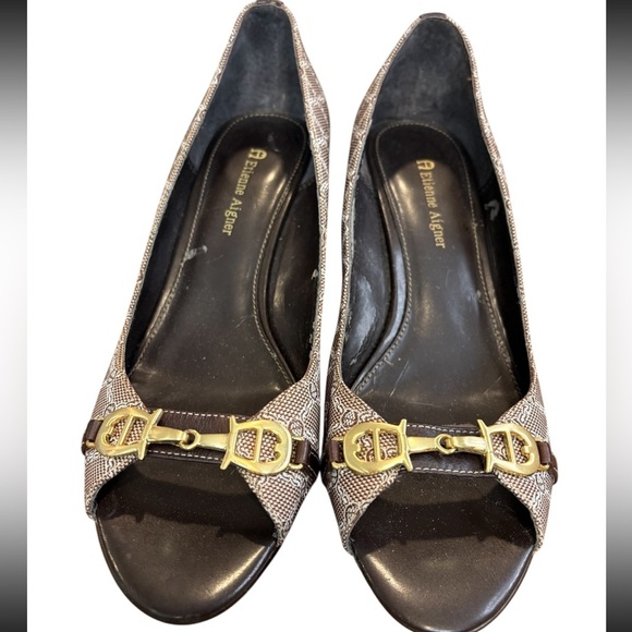 Etienne Aignar Brown and Tan Peep-Toe Buckle Accent Heels - Picture 5 of 9